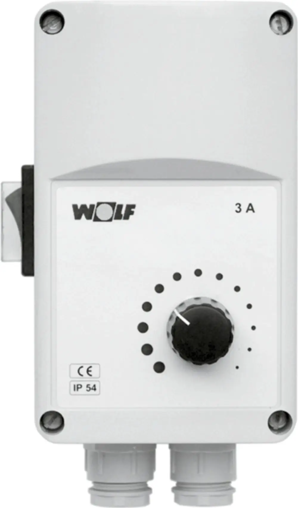 Weißer Drehzahlregler von Wolf mit stufenloser Einstellung. Enthält Anschlussmöglichkeiten und Schutzart IP 54. Schaltstrom von 3 A bei 230 V.